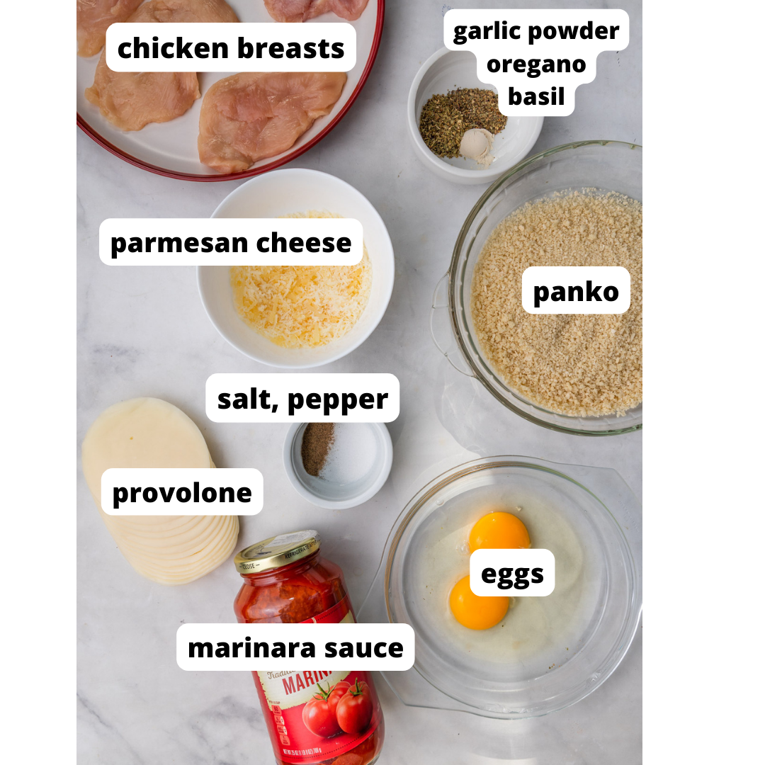 ingredients needed to make air fryer panko chicken on white background.