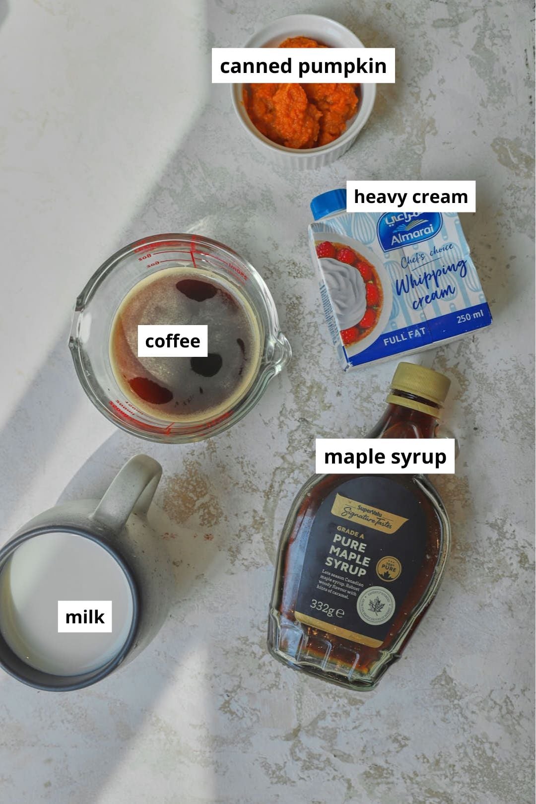 ingredients needed to make pumpkin cold foam on a white background.