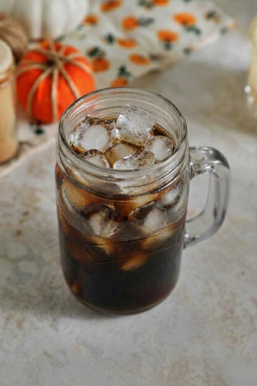 glass mason jar with iced coffee and ice cubes.