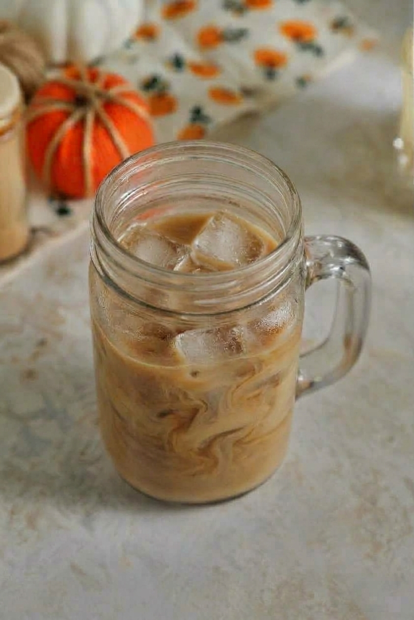 mason jar filled with an iced latte.