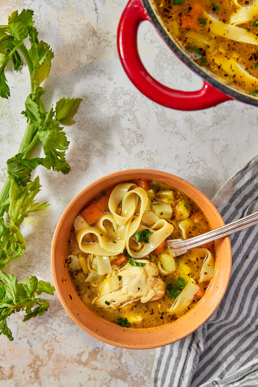 a bowl of rotisserie chicken noodle soup with tagliatelle noodles and a spoon.