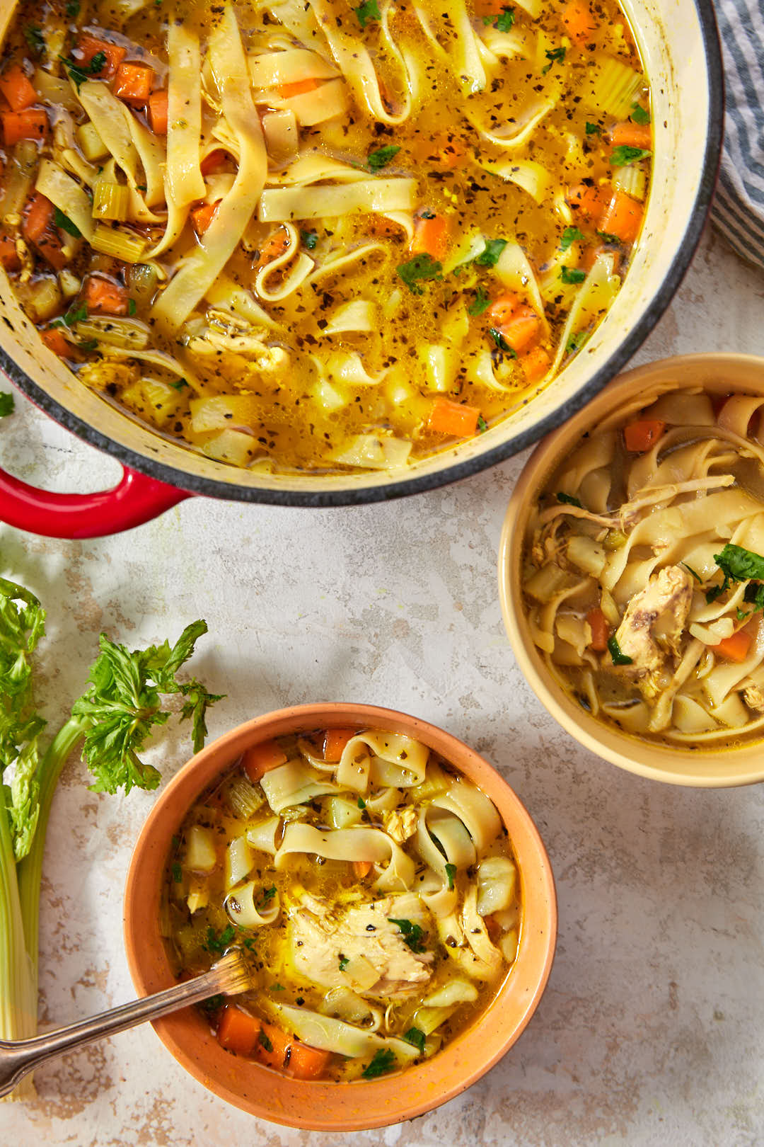 two bowls of rotisserie chicken noodle soup next to a red pot of soup.