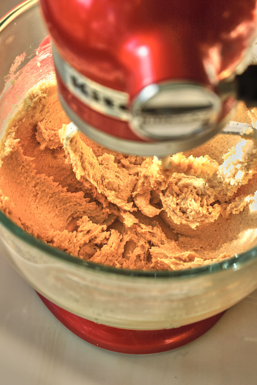 butter and sugar creamed together in bowl of a stand mixer.