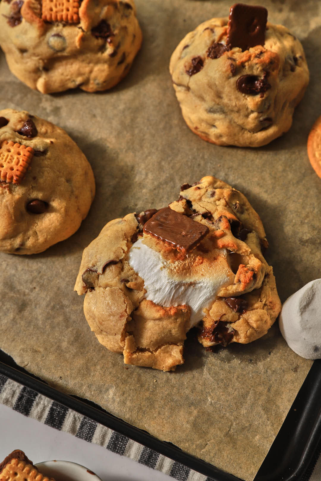 a giant marshmallow stuffed chocolate chip cookie topped with a little chocolate covered biscuit