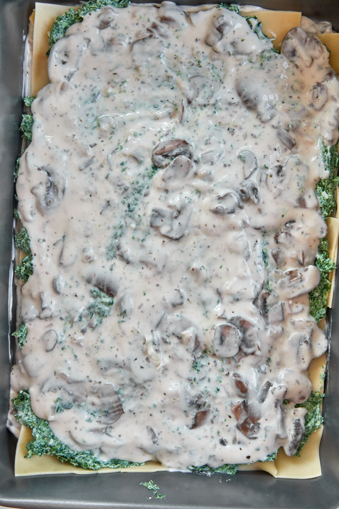 mushroom filling spread over the spinach ricotta mixture.