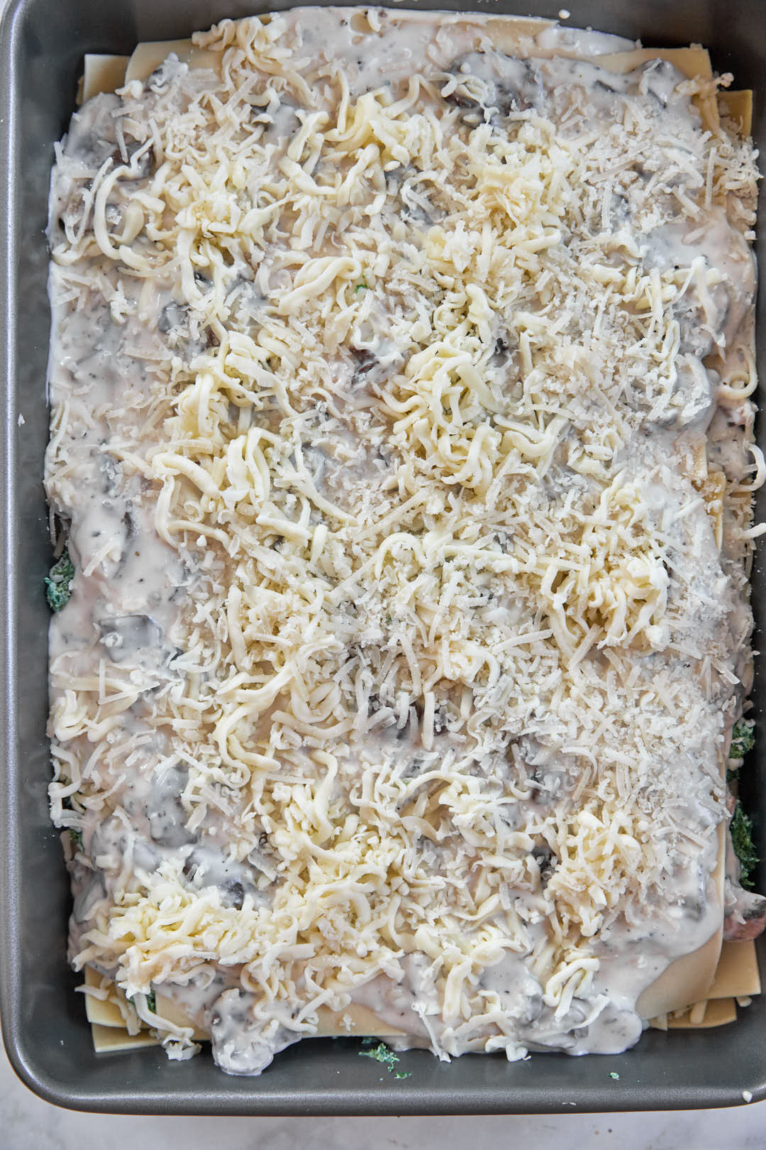 spinach ricotta lasagna before baking.