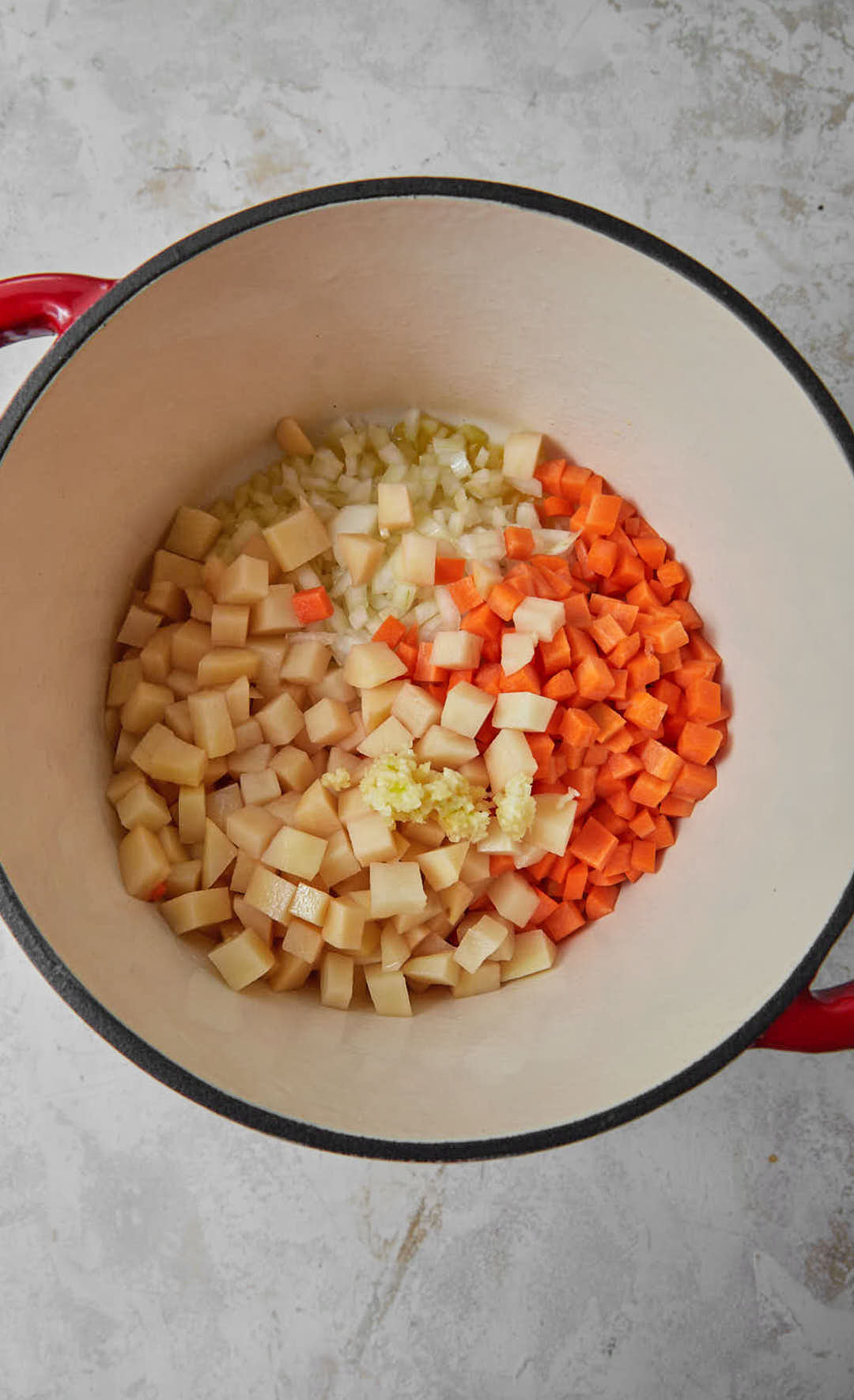 Diced onion, carrot, potato, and garlic in a large saucepan.