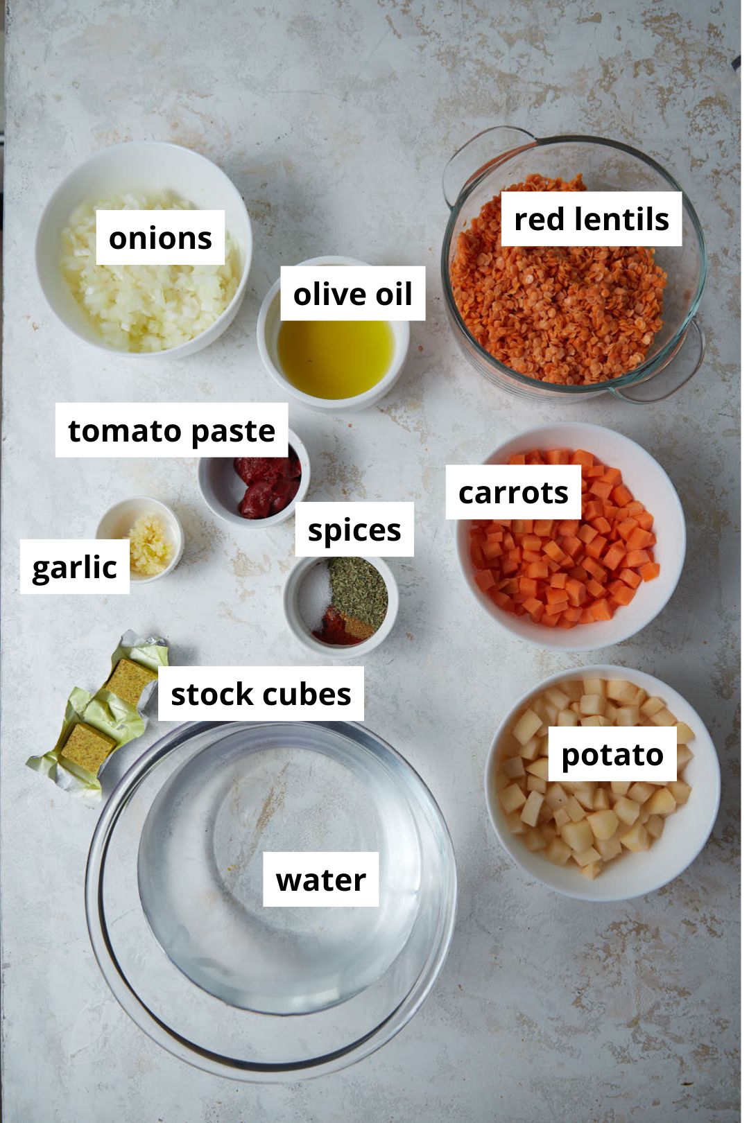 turkish lentil soup ingredients on a white background.