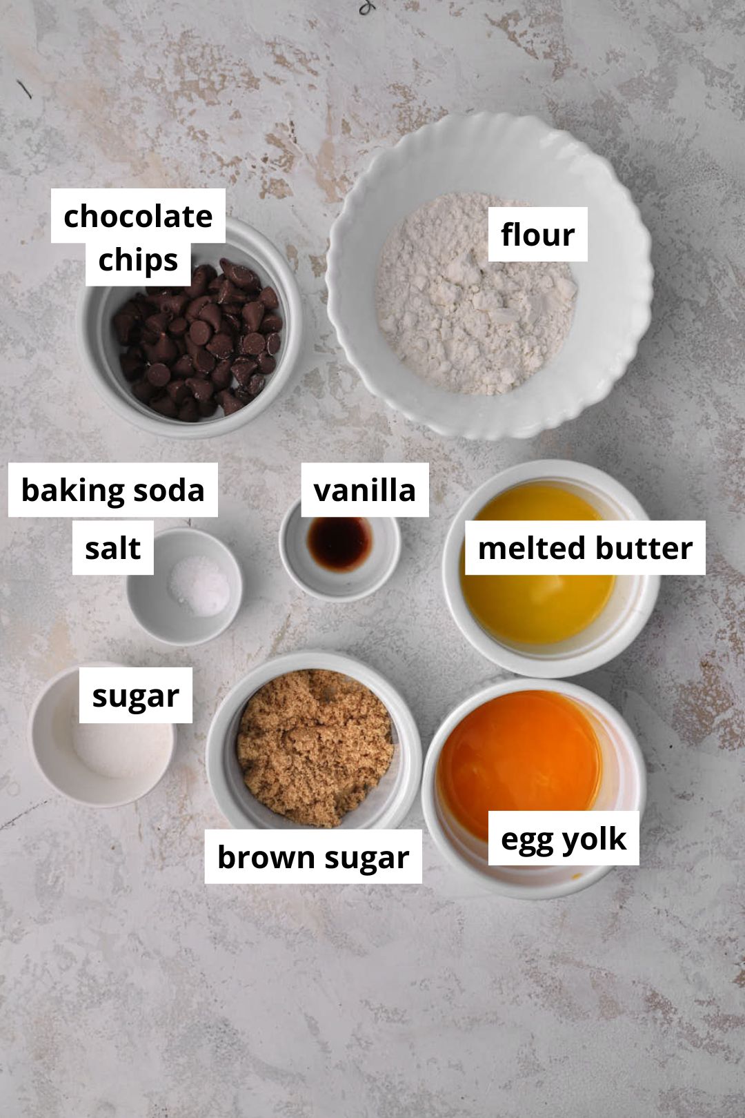 ingredients needed to make two chocolate chip cookies.